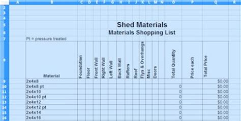 shed materials list spreadsheet