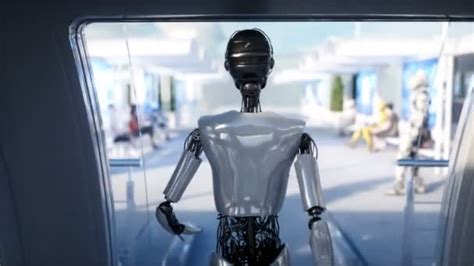 Vrouwelijke Robot Lopen Sci Fi Station Futuristische Monorail Vervoer