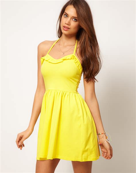 lyst asos summer dress  frill sweetheart neck  yellow