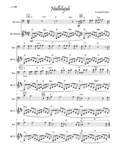 Hallelujah Leonard Cohen Sheet Music For Clarinet Voice