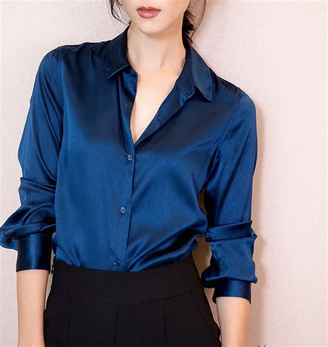 S Xxxl Fashion Women Dark Blue Satin Silk Blouse Ladies Casual Long
