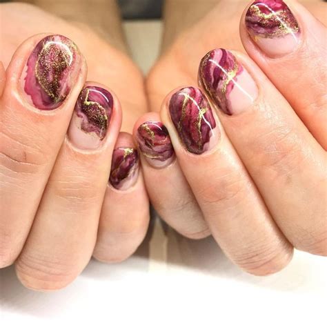 Geode Marble Gel Manicure Dark Maroon Jewel Toned Marble With A Hint