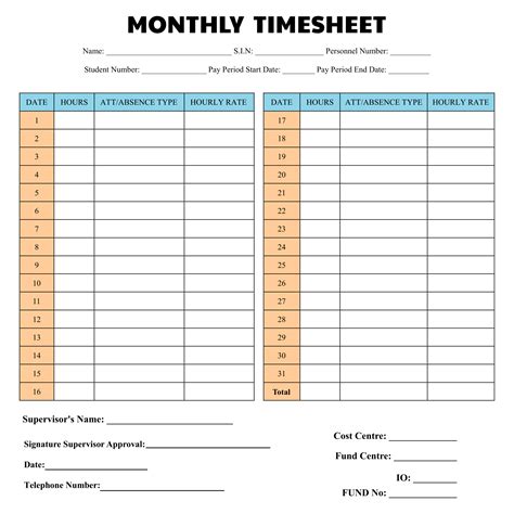 printable monthly time sheets printableecom   images