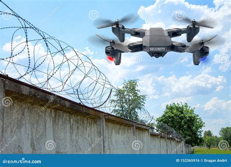 security drone patrols  territory   sky guarding  wall  barbed wire drone