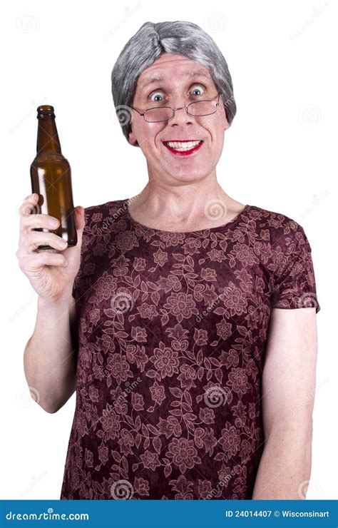 Funny Ugly Mature Senior Woman Drunk Drinking Beer Stock Image