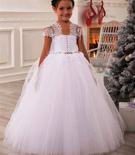 ball gown lace cap sleeve flower girl dresses long puffy tulle wedding