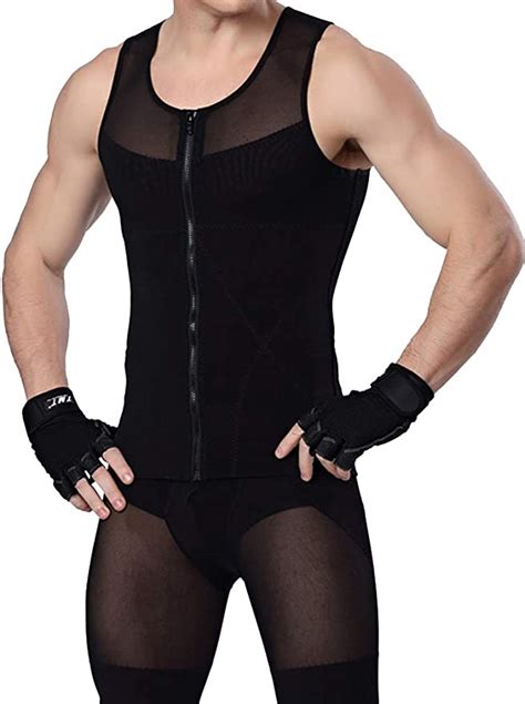 men stretch zipper corset net slimming waist chest body shaper girdle