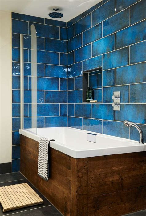 unique dark blue tile color scheme bathroom  blue bathroom