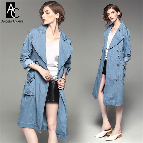 Spring Autumn Woman Trench Outwear Sky Blue Denim Trench