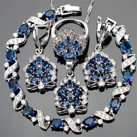 silver  blue zircon jewelry sets women wedding jewellery  stones earrings pendants