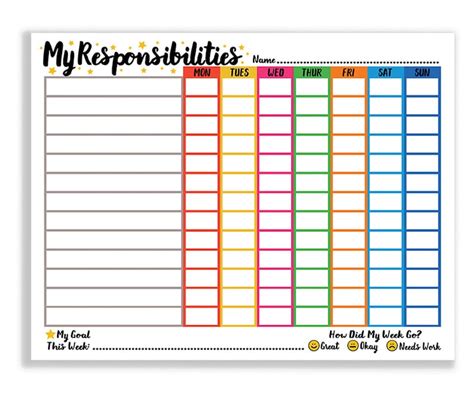 printable responsibility planner  weekly chore charts  etsy