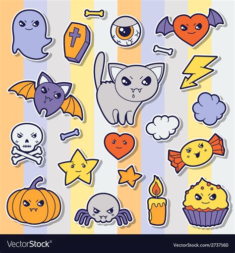 set  halloween kawaii cute sticker doodles  vector image