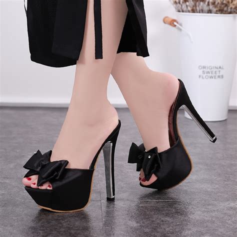 satin cloth fashion women high heel slipper shoes lady platform bowtie