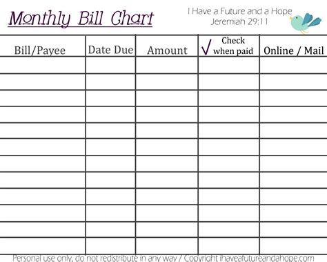 downloadable monthly bill chart  calendar printable