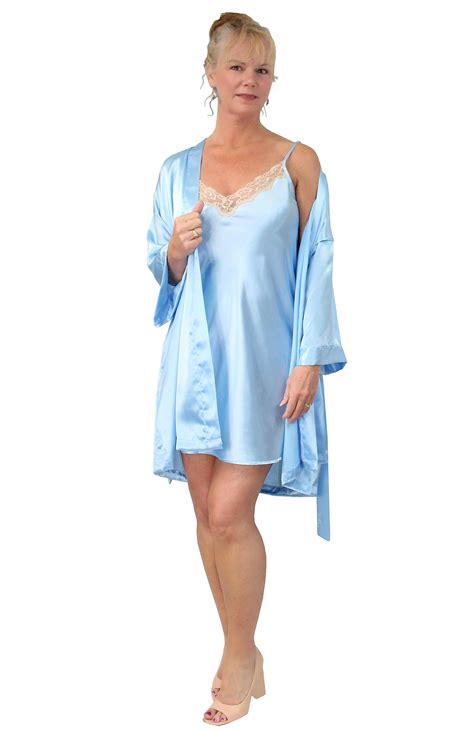 Shadowline Nightgown And Robe Set Satin Antique Lace Trim Night Gown