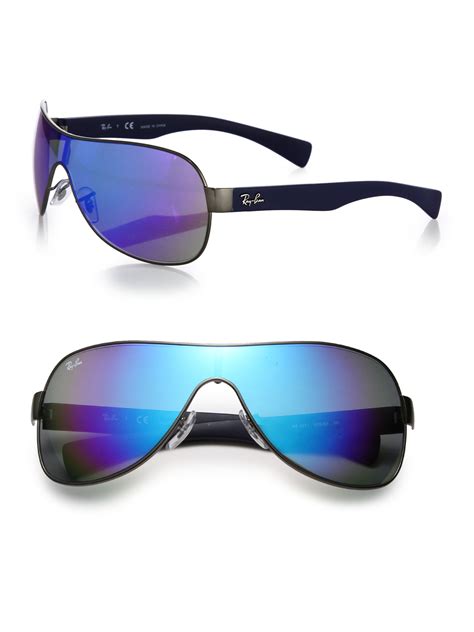 ray ban mirrored mm shield sunglasses  blue lyst