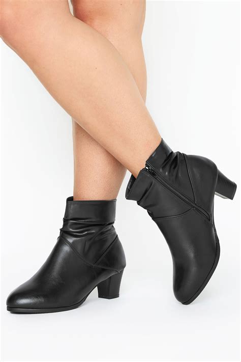 black faux leather ruched heeled ankle boots  extra wide fit long