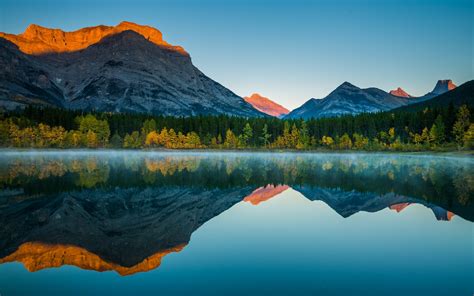 nature landscape reflection lake fall forest mist sunrise mountain trees canada clear