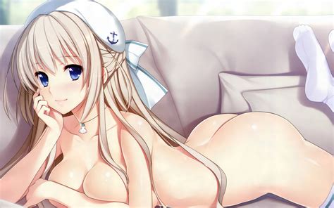 image 3251 anime ass blond blue eyes blush boobs bow breasts butt female full body grin hat