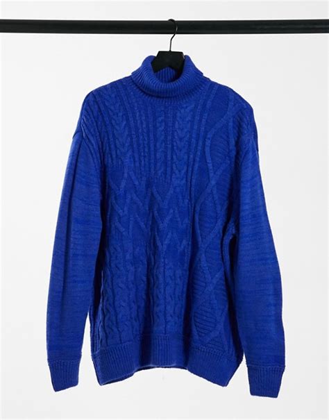 Asos Design Chunky Cable Knit Roll Neck Jumper In Cobalt Blue Asos