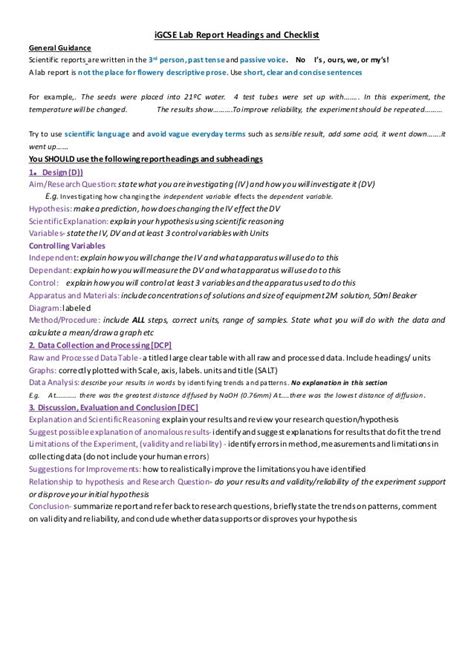 igcse lab report headings  checklist guidance