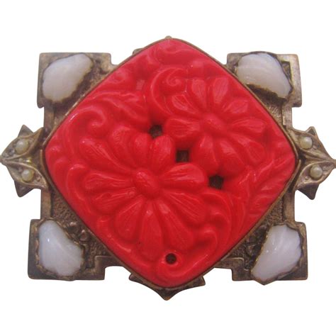 Vintage Czech Red Pressed Glass Pin Brooch From Vintagejewelrylounge On