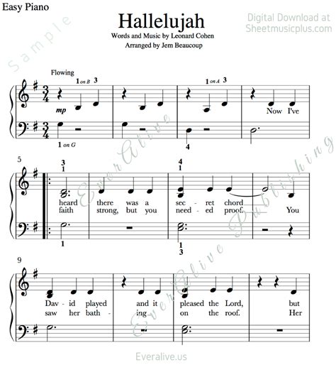 hallelujah piano sheet   printable  printable