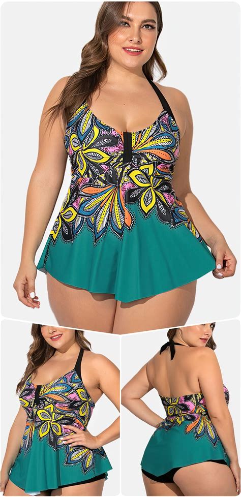 plus size tankinis print halter backless cover belly swimwear for women