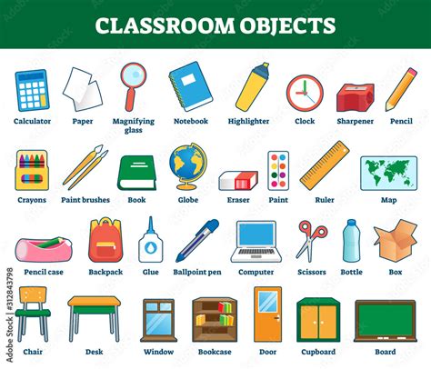 classroom objects vector illustration labeled collection  kids