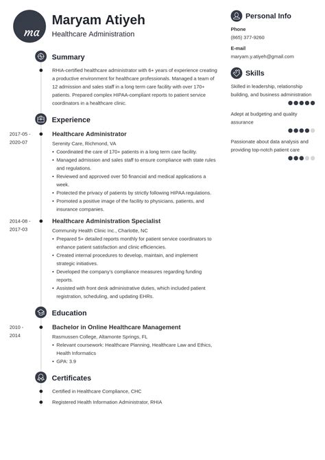 healthcare administration resume samples  writing guide