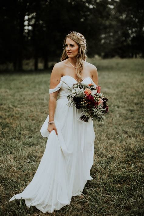 Picture Of A Flowy Off The Shoulder A Line Sweetheart Neckline Wedding