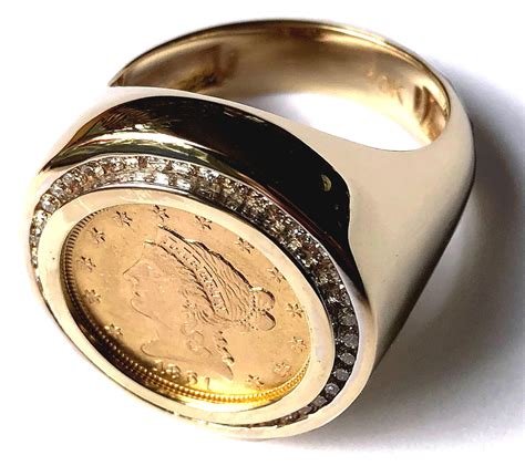 mens diamond  gold coin ring featuring  genuine usa liberty gold