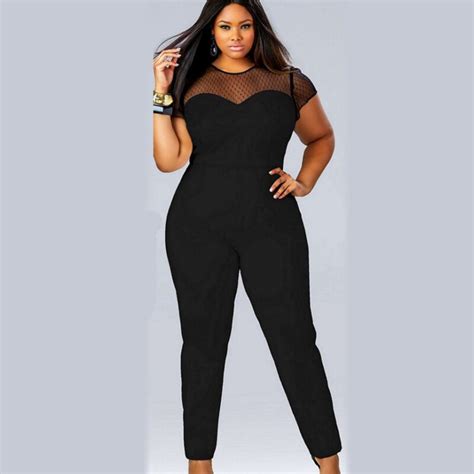 Plus Size 3xl 4xl Summer Short Sleeve Black Mesh Jumpsuits