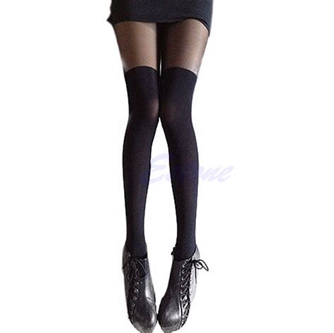 women sexy black stylish tinted sheer false high stocking pantyhose