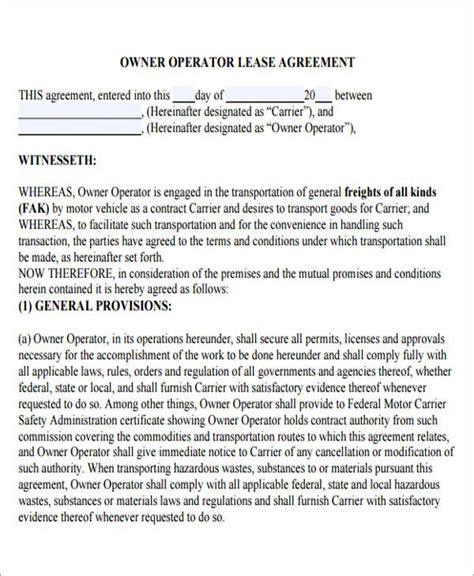 lease agreement  trucking owner operator lease agreement lease