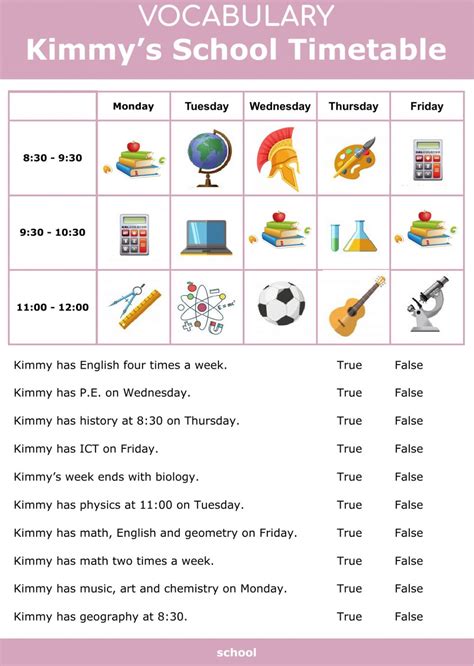 kimmys school timetable worksheet