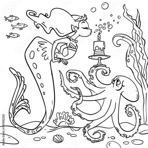 sea cute mermaid blowing   birthday cake  holds  octopus