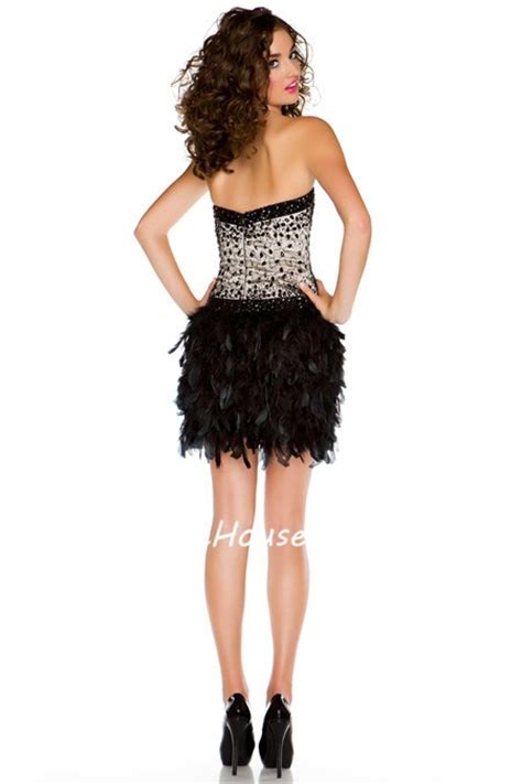 sexy sheath strapless short mini black beaded feather cocktail prom dress