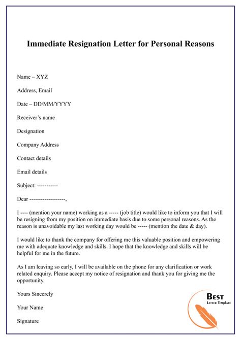 resignation letter  personal reason format sample
