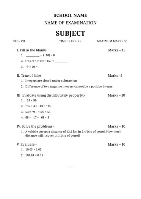 school unit test english question paper cdr format