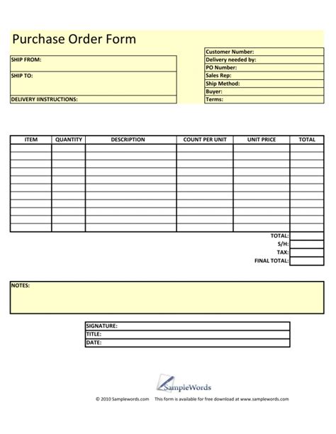 blank purchase order form template excel  rtf word