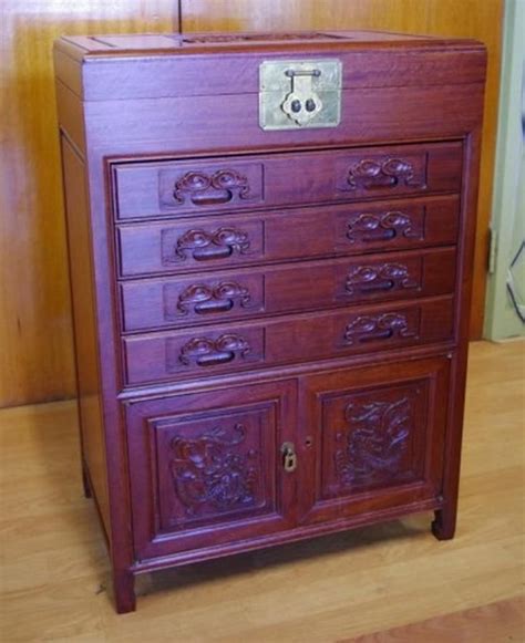 Chinese Carved Rosewood Cutlery Cabinet With Lift Lid 4