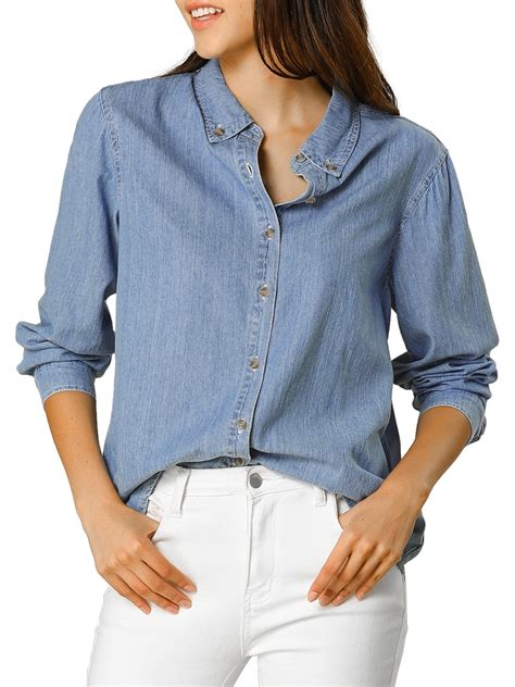 allegra  allegra  womens classic long sleeve button  denim shirt  light blue walmartcom