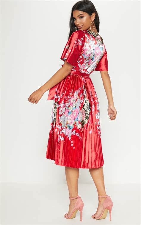 red floral satin pleated midi dress prettylittlething usa