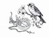 Pocket Tattoo Bird Tattoos Clock Drawing Sparrow Line Branch Blossom Broken Badass Designs Time Cherry Sitting Lovely Stencil Simple Roses sketch template