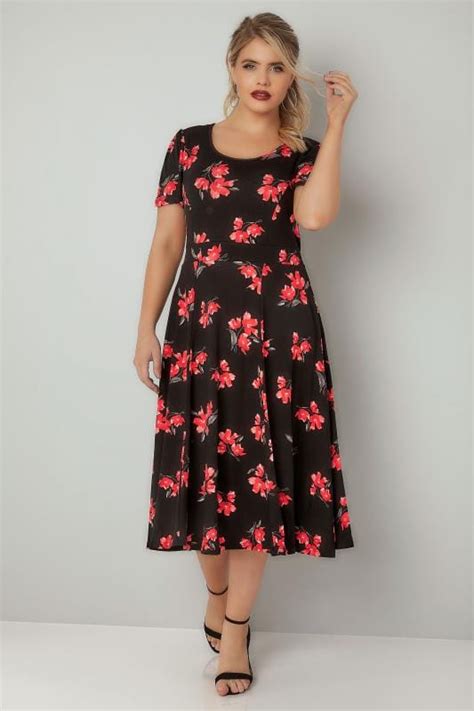 black floral print skater dress with self tie waist plus size 16 to 36