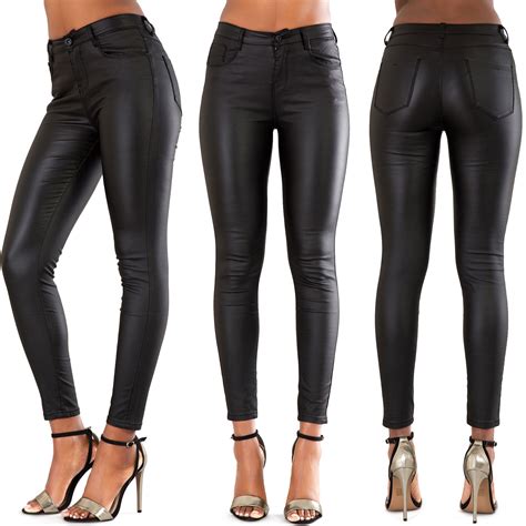 Womens Black Wet Look Leather Jeans Skinny Trouser Leggings Size 6 8 10