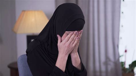portrait of depressed muslim woman crying at stock footage sbv