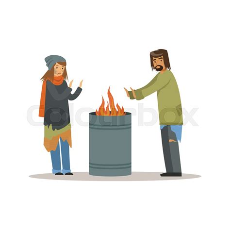 Homeless Men And Woman Warming Themselves Near The Fire Unemployment