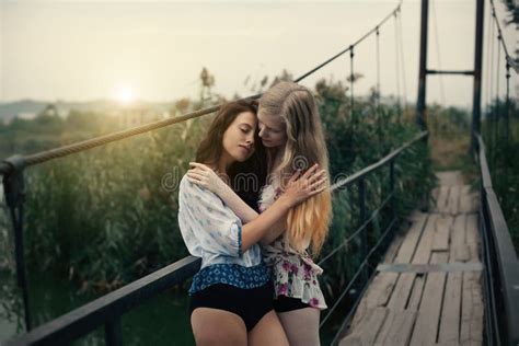 Beautiful Lesbian Couple Hugging Love And Passion Between The Two